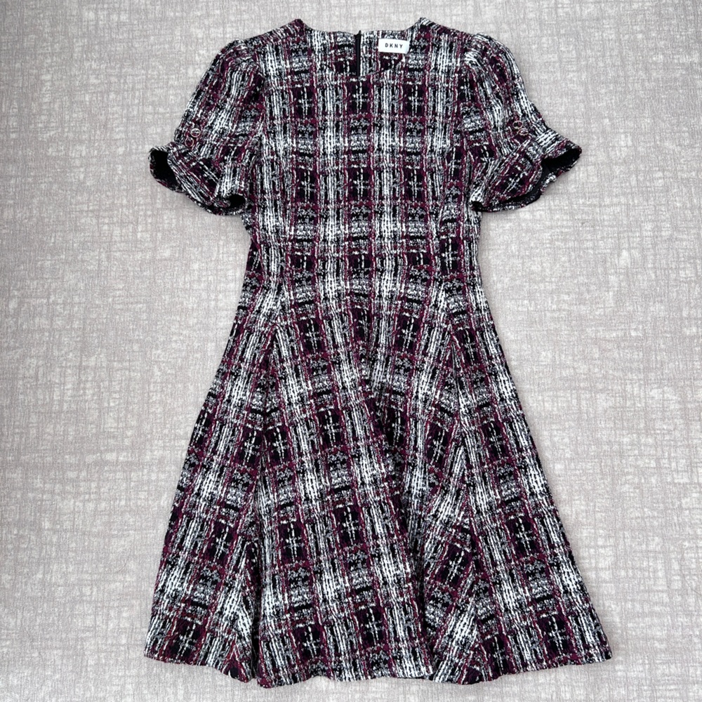 DKNY black purple white tweed textured fit and flare short sleeve dress size 4